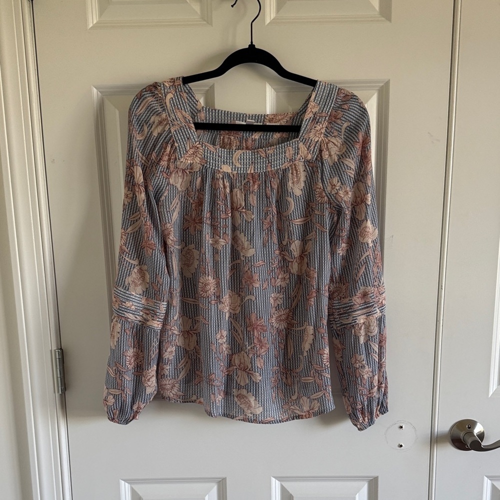 LC Lauren Conrad Floral Striped Women's Top - Blue and Pink Boho Peasant Small
